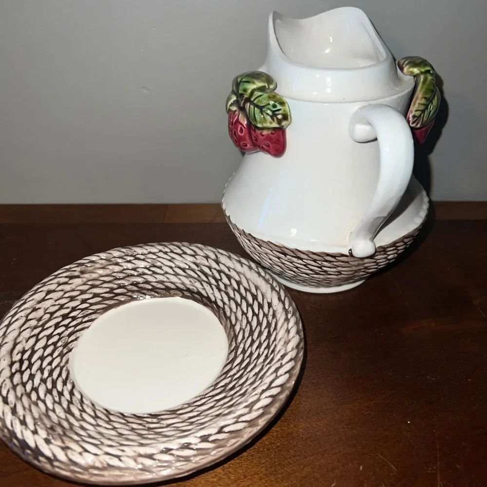 Strawberry Pitcher and Saucer Set White Brown Rustic Basket Weave Decor Ceramic